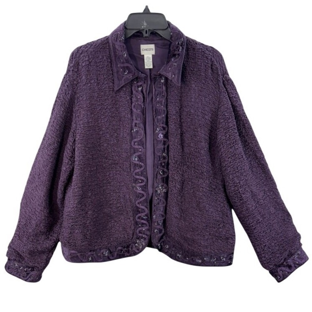 Chico's Jacket Women 3 XL Purple Crinkle Textured Beaded Velvet Trim Open Front